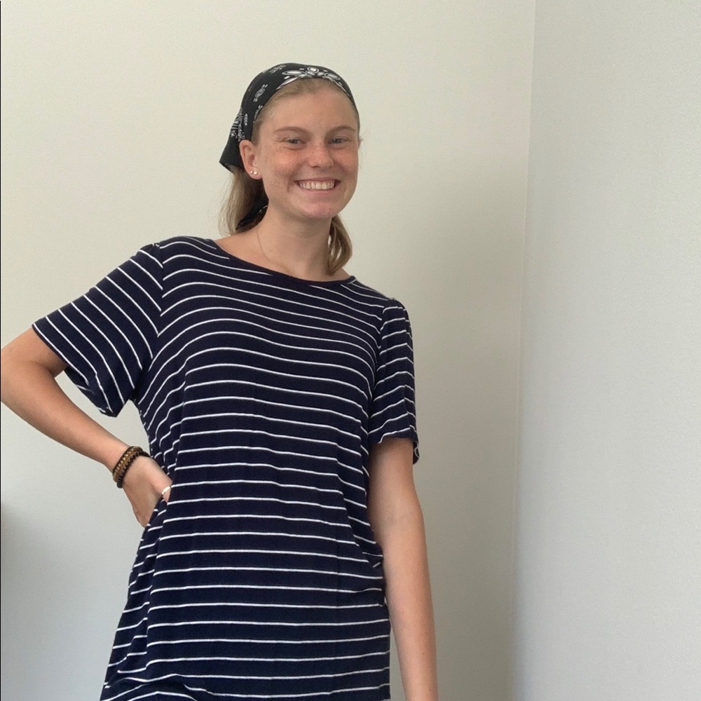 small navy blue and white striped short sleeve